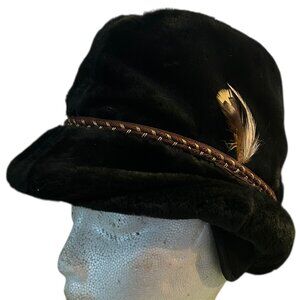 Vintage Black Faux Fur Cossack Hat Patrice Sears Feather Ribbon Ear Flaps Winter